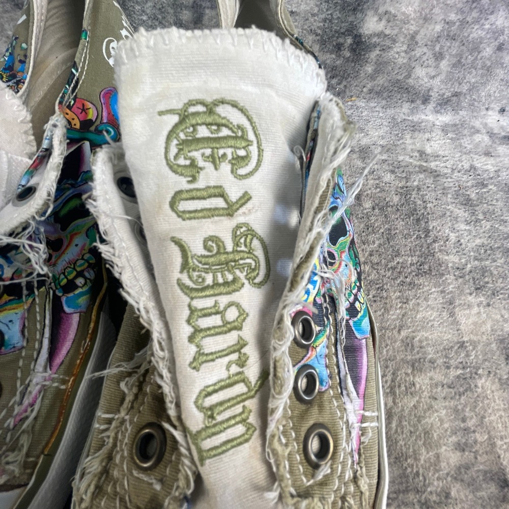 Ed Hardy Womens 7 Casual Slip-on Sneakers Y2K Tattoo Art Canvas Green Distressed - Picture 4 of 12